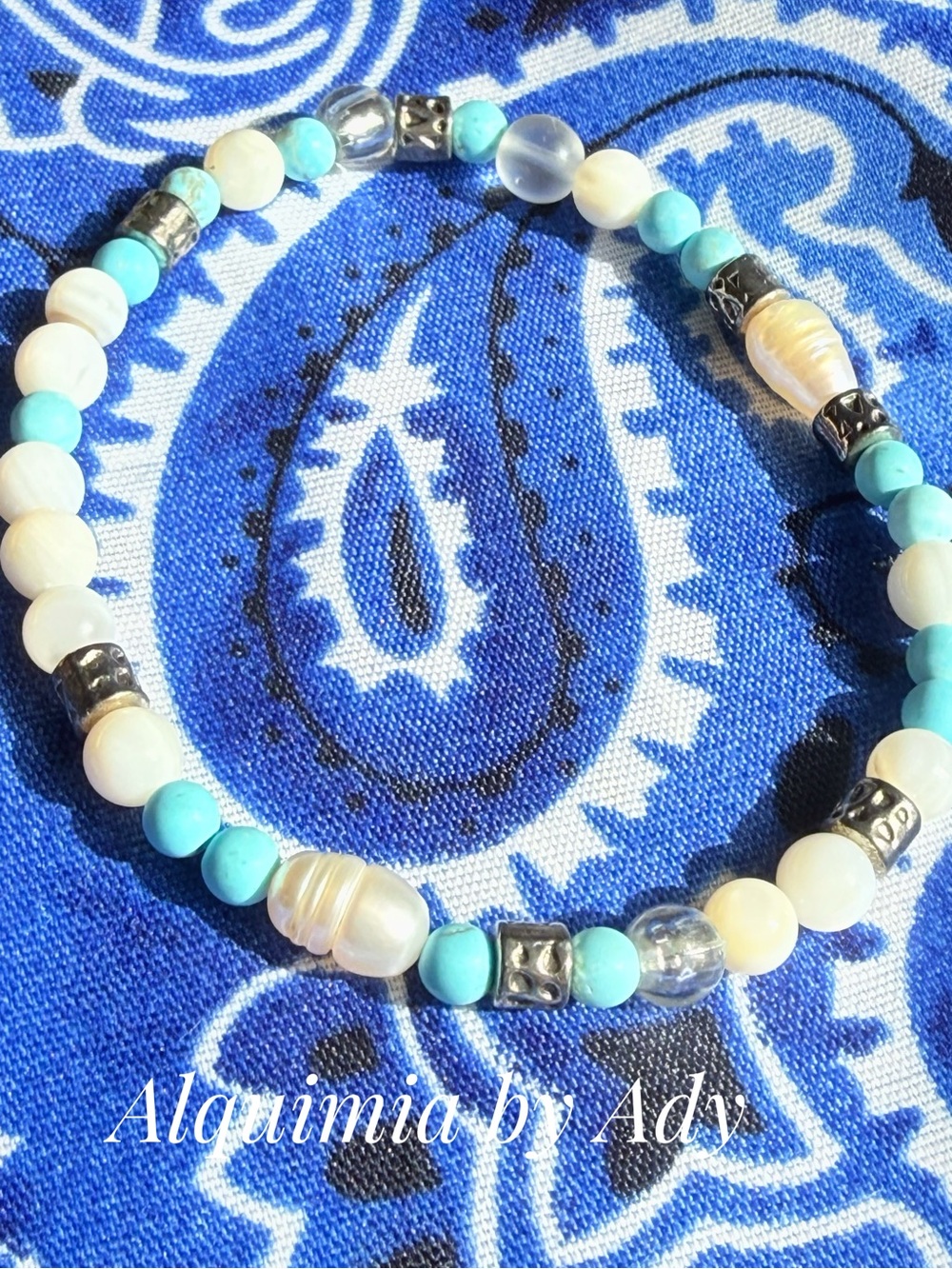 Turquoise and white agate freshwater Pearl Bracelet